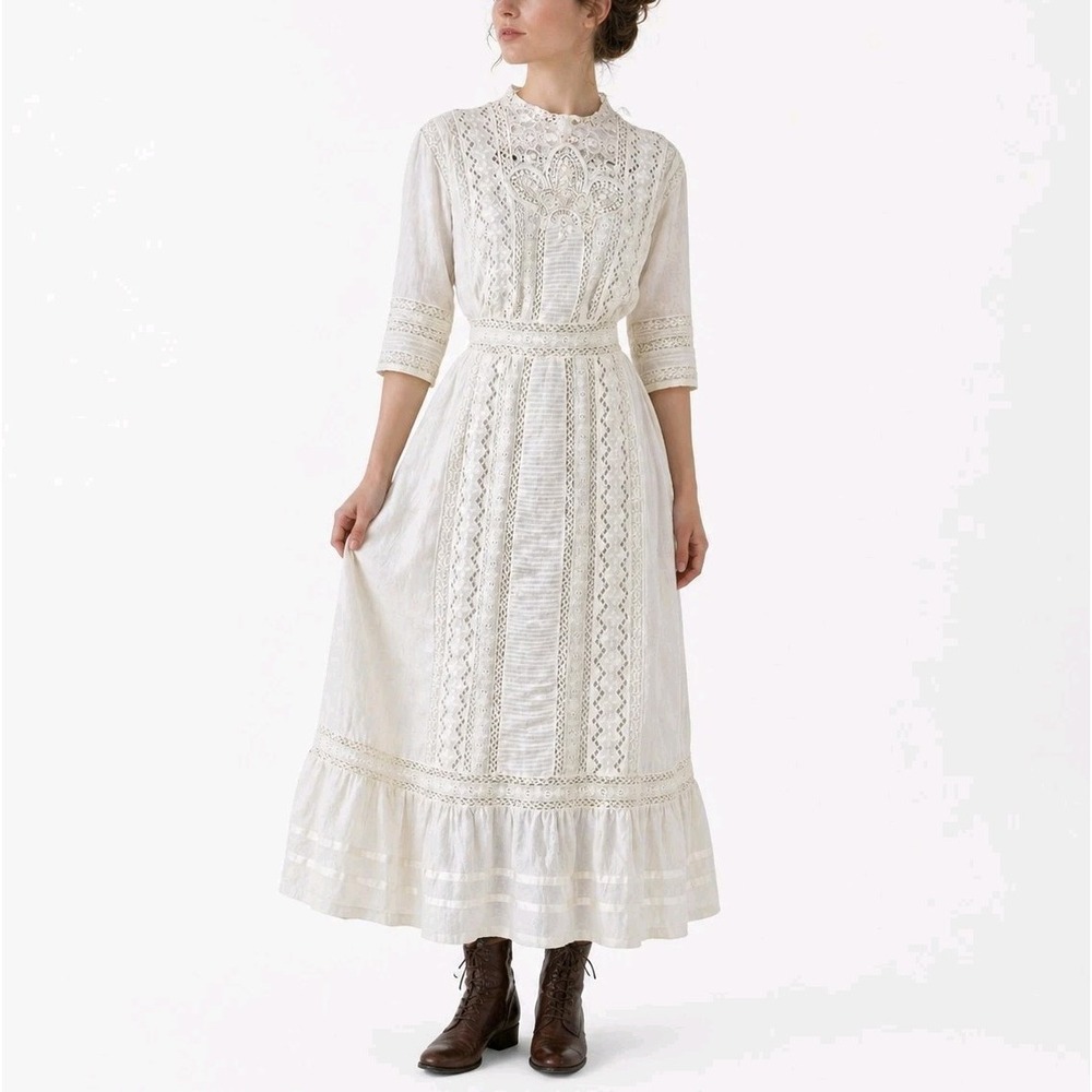 1900s Antique Edwardian White Summer Garden Lawn Dress Lace Linen Tea Gown #68